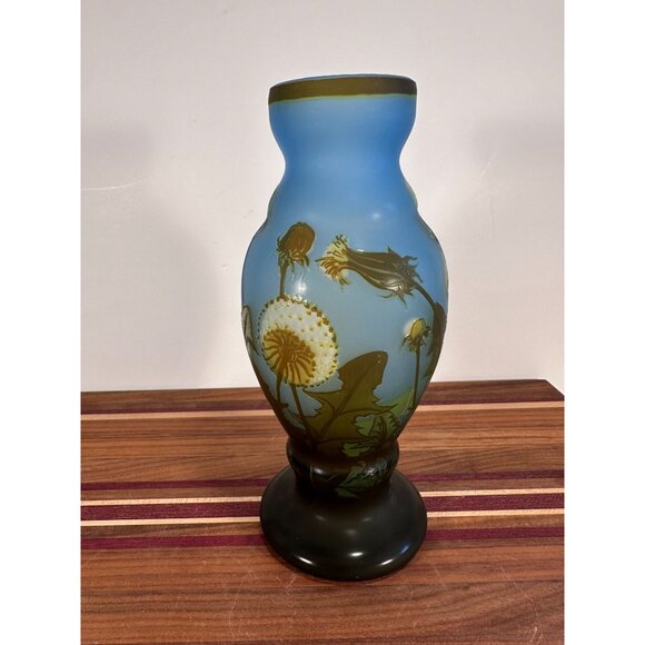Antique Style Blue & Green Glass Vase With Dandelion Design 10" Tall Handcrafted - Picture 3 of 9